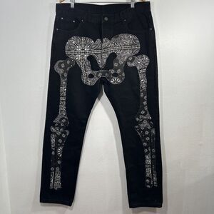 MNML Jeans Men 40 Black Skeleton Bones Embroidered Streetwear Gothic‎ Y2K